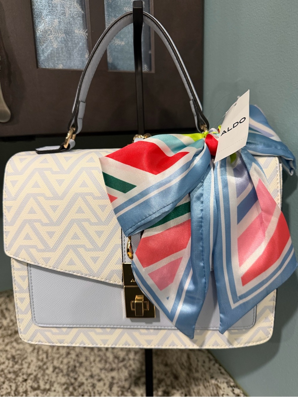 Aldo Light Blue Satchel with Multicolor Silk Scarf Accent